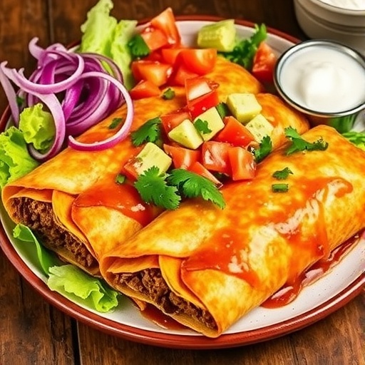 Crispy Beef Chimichangas with Savory Filling Crispy beef chimichangas with lettuce, tomatoes, and sour cream on a plate.